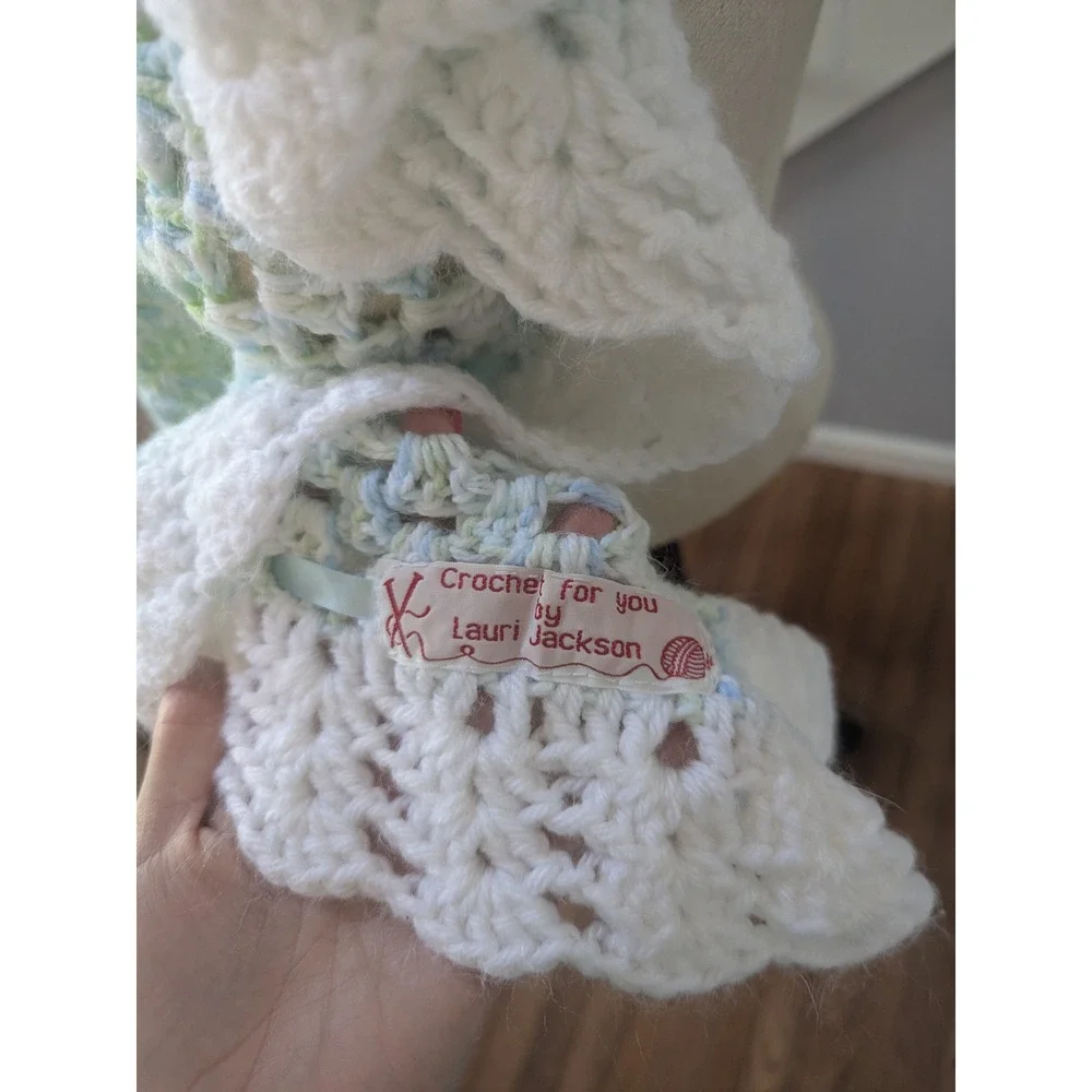 Crochet Knit Baby Blanket Blue Green‎ White Handmade Stroller Blanket Gift